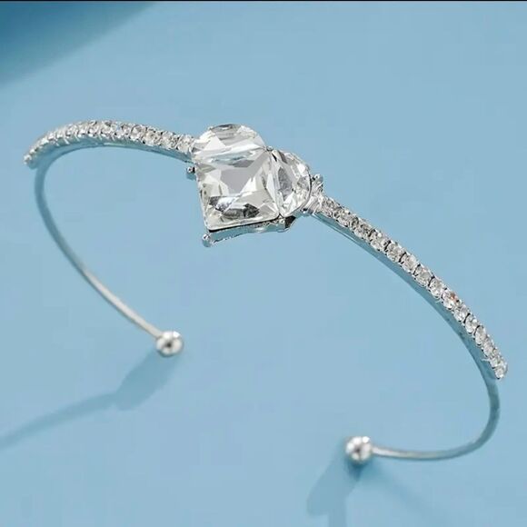 Silver Rhinestone Heart Bangle Bracelet - Picture 4 of 4